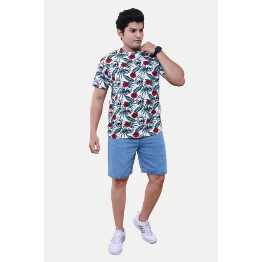 Generic Men's Casual Half sleeve Floral Printed Cotton Crew Neck T-shirt (White) - Image 3