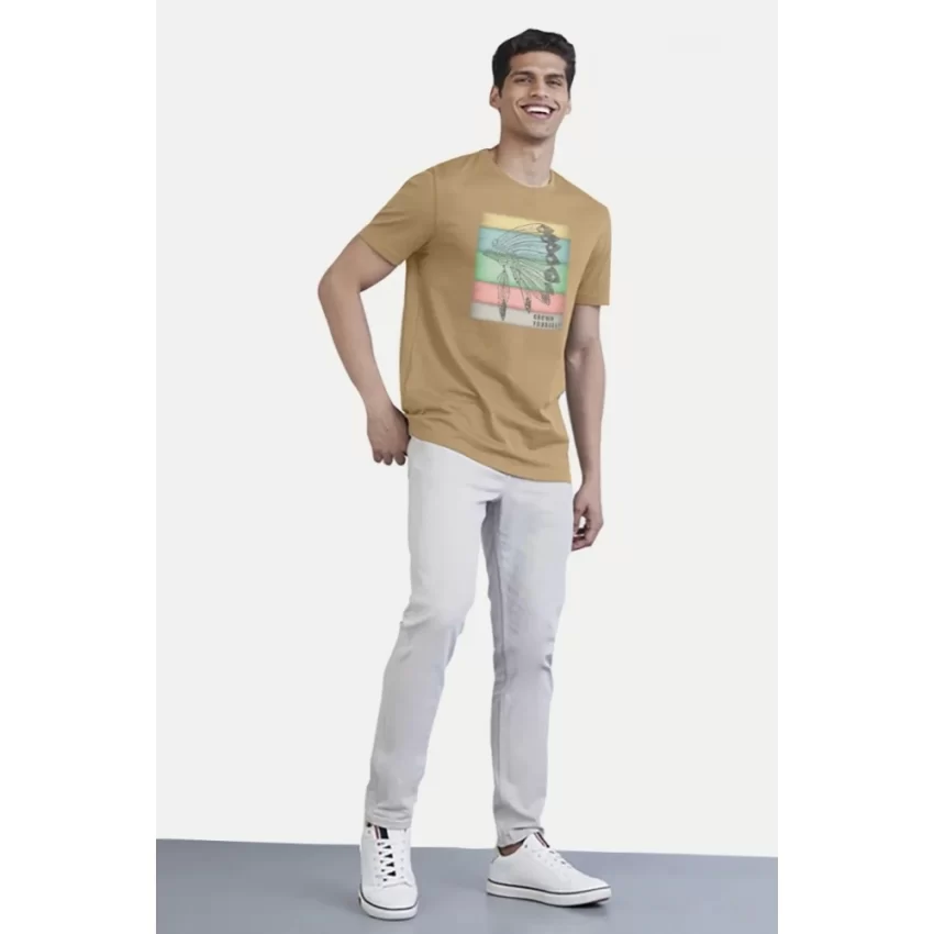 Generic Men's Casual Half sleeve Digital Printed Cotton Crew Neck T-shirt (Sand) - Image 3