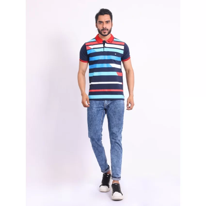 Generic Men's Casual Cotton Printed Polo Neck Half Sleeve T-Shirt (Navy) - Image 7