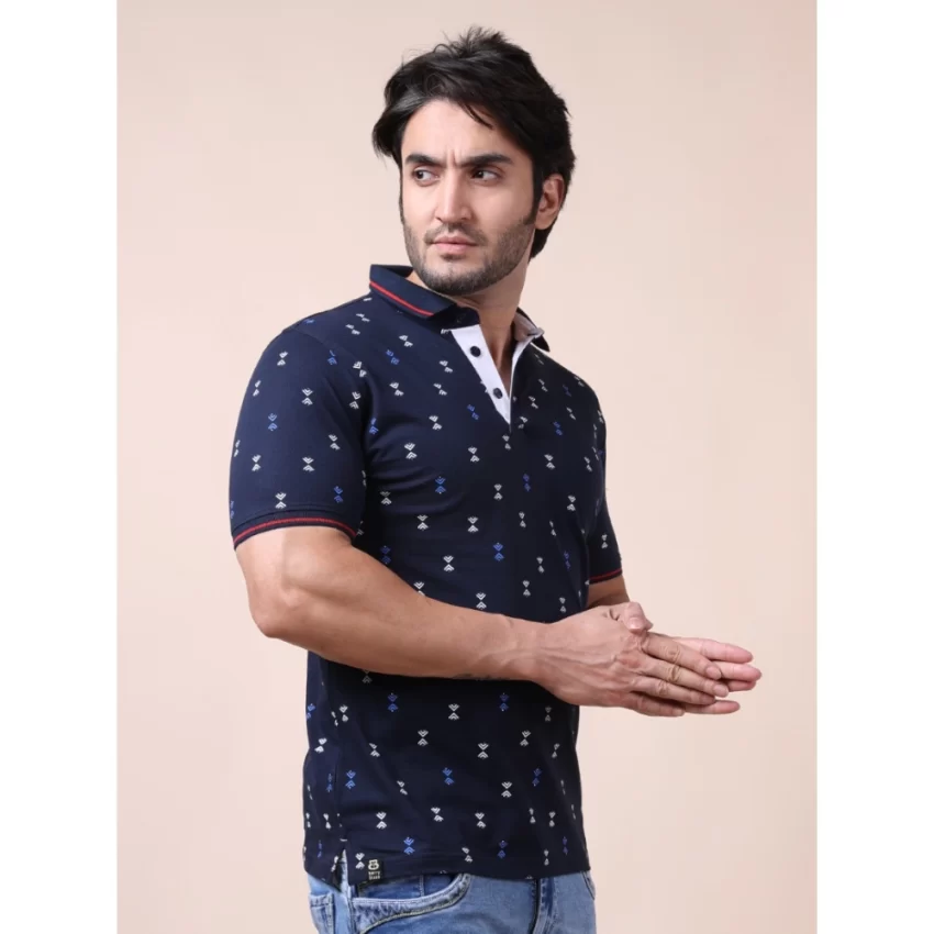 Generic Men's Casual Cotton Printed Polo Neck Half Sleeve T-Shirt (Navy) - Image 3