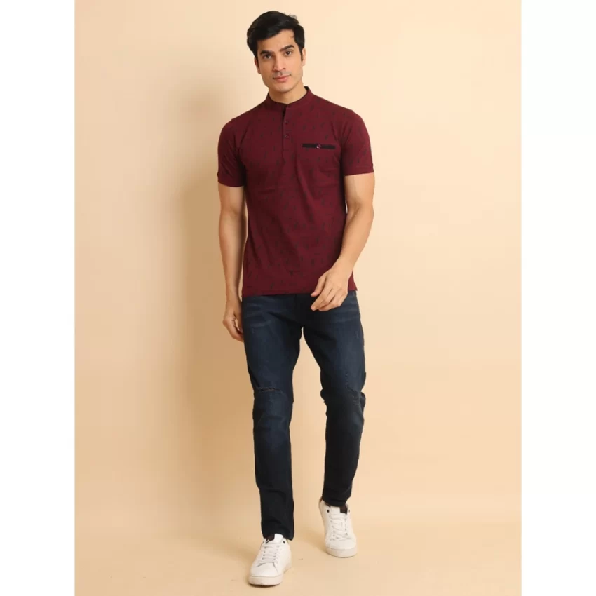 Generic Men's Casual Cotton Printed Mandarin Collar Half Sleeve T-Shirt (Plum) - Image 7