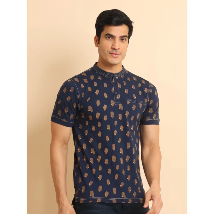 Generic Men's Casual Cotton Printed Mandarin Collar Half Sleeve T-Shirt (Navy) - Image 3