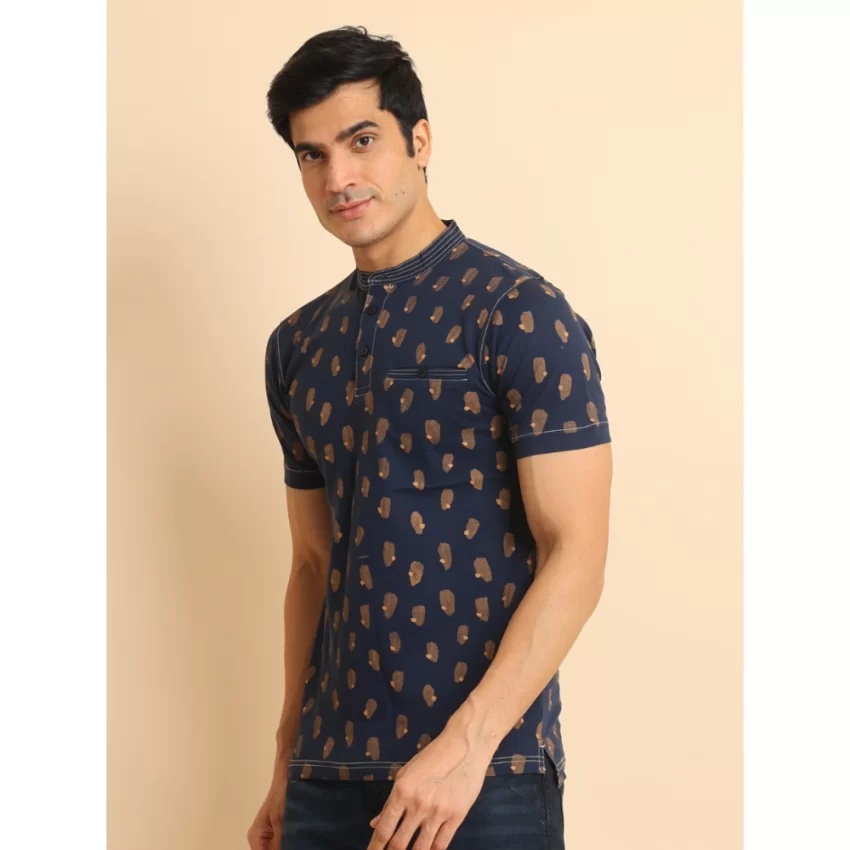 Generic Men's Casual Cotton Printed Mandarin Collar Half Sleeve T-Shirt (Navy) - Image 4