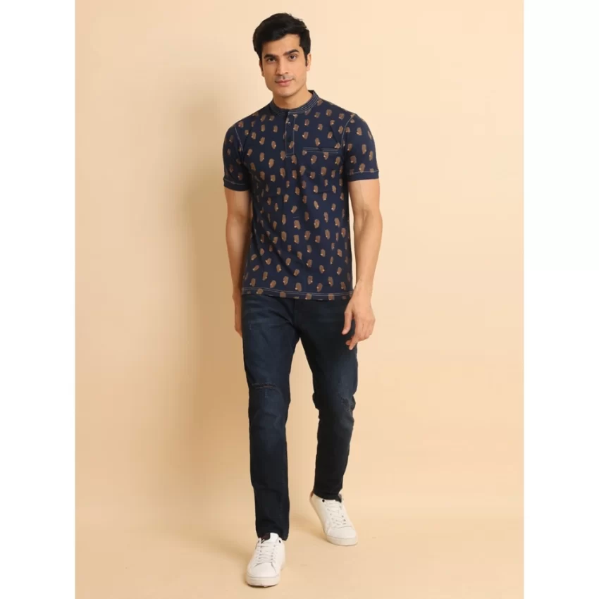 Generic Men's Casual Cotton Printed Mandarin Collar Half Sleeve T-Shirt (Navy) - Image 7