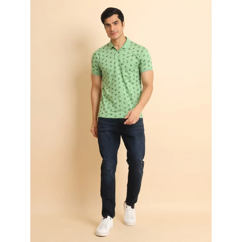 Generic Men's Casual Cotton Printed Polo Neck Half Sleeve T-Shirt (Light Green) - Image 7