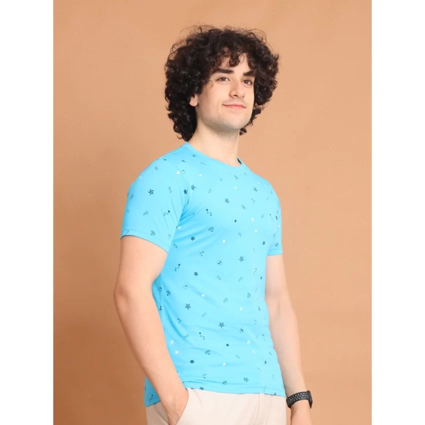 Generic Men's Casual Cotton Printed Round Neck Half Sleeve T-Shirt (Skyblue) - Image 3