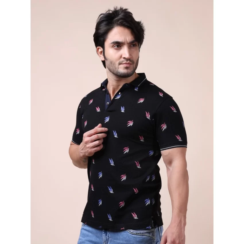 Generic Men's Casual Cotton Printed Polo Neck Half Sleeve T-Shirt (Black) - Image 3