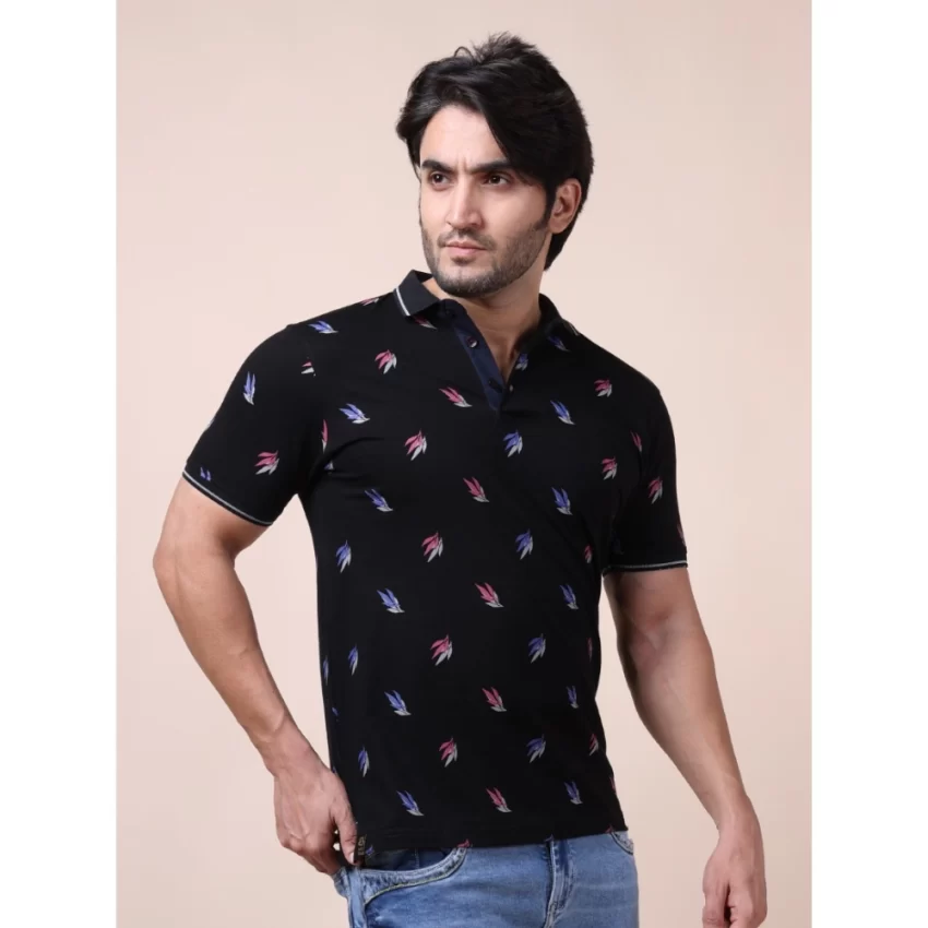 Generic Men's Casual Cotton Printed Polo Neck Half Sleeve T-Shirt (Black) - Image 4