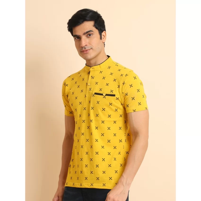Generic Men's Casual Cotton Printed Mandarin Collar Half Sleeve T-Shirt (Mustard) - Image 4