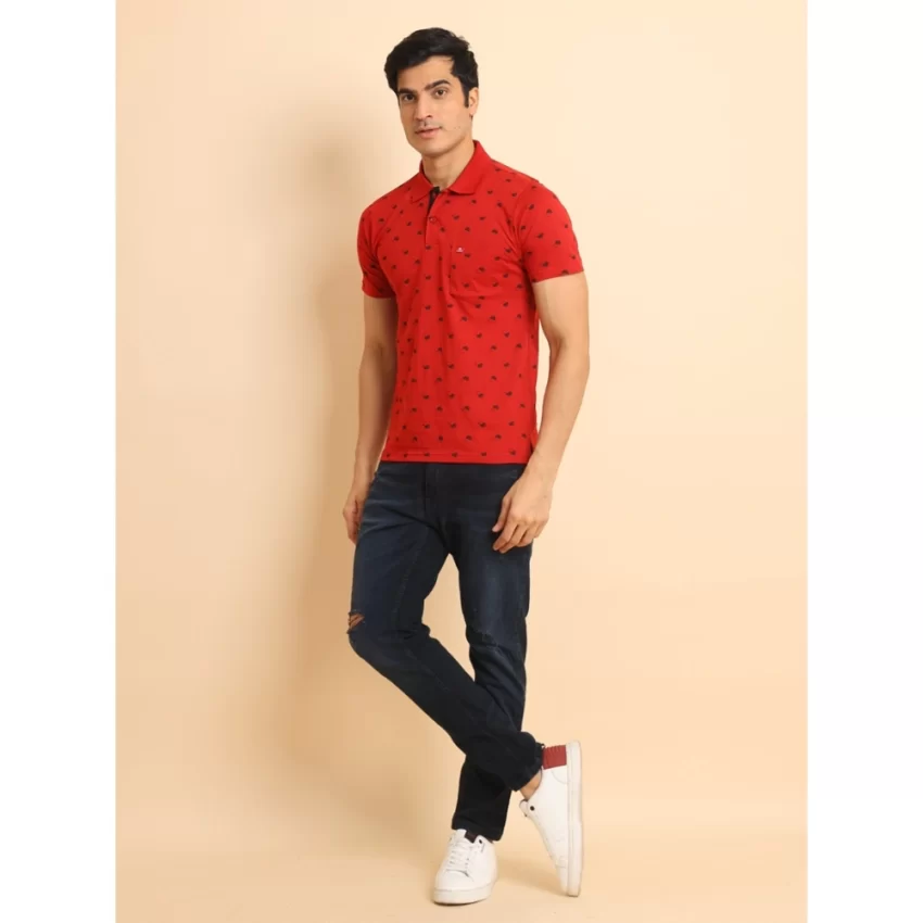 Generic Men's Casual Cotton Printed Polo Neck Half Sleeve T-Shirt (Red) - Image 7
