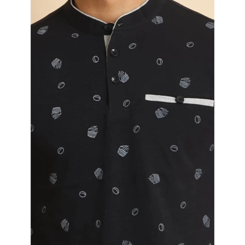 Generic Men's Casual Cotton Printed Mandarin Collar Half Sleeve T-Shirt (Black) - Image 6