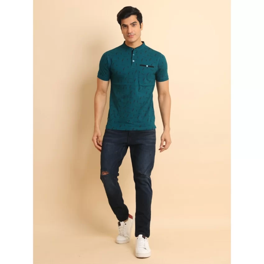 Generic Men's Casual Cotton Printed Mandarin Collar Half Sleeve T-Shirt (Green) - Image 7