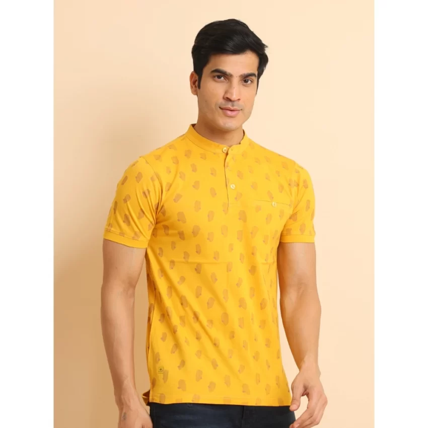Generic Men's Casual Cotton Printed Mandarin Collar Half Sleeve T-Shirt (Mustard) - Image 3
