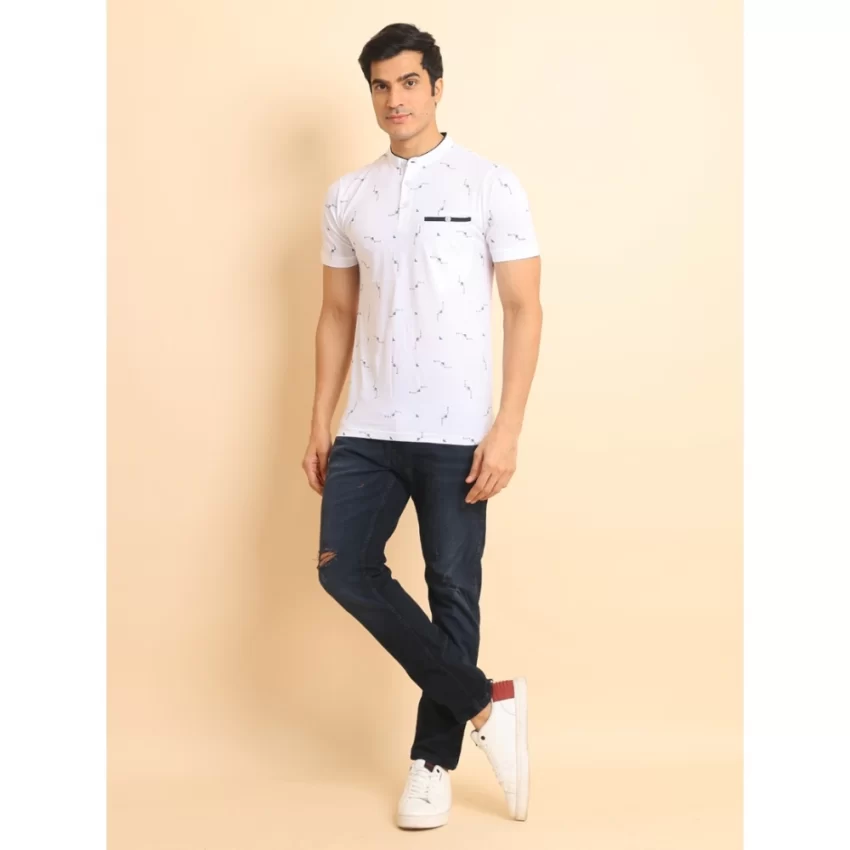 Generic Men's Casual Cotton Printed Mandarin Collar Half Sleeve T-Shirt (White) - Image 7