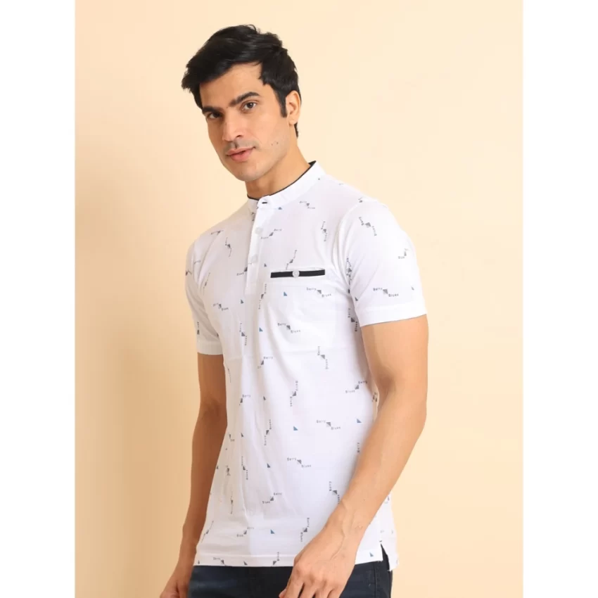 Generic Men's Casual Cotton Printed Mandarin Collar Half Sleeve T-Shirt (White) - Image 4