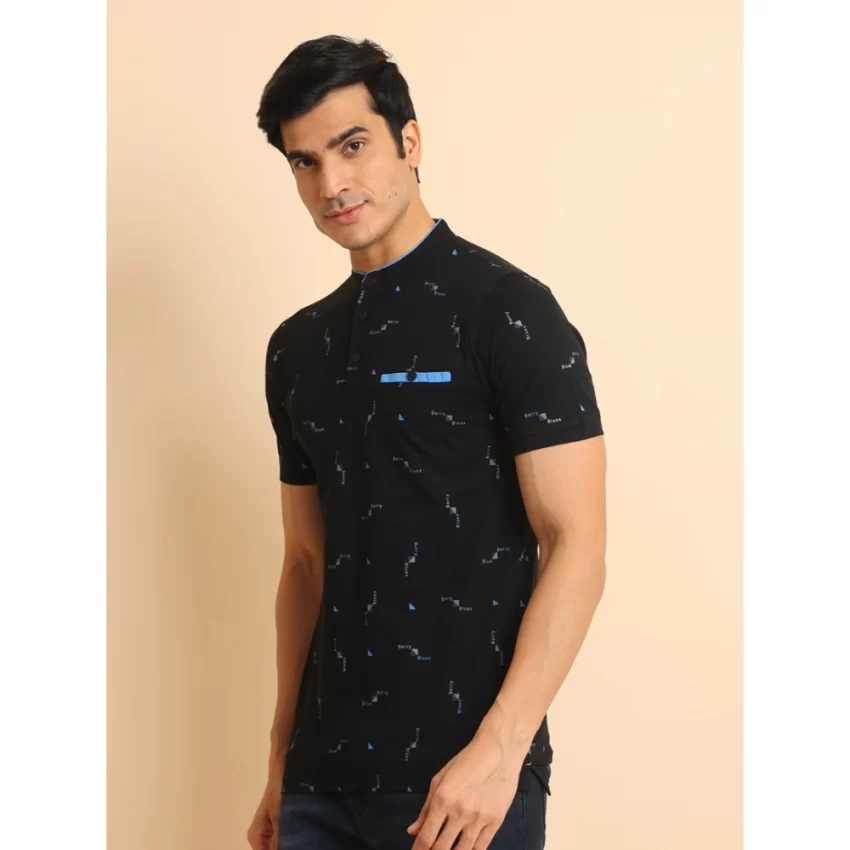 Generic Men's Casual Cotton Printed Mandarin Collar Half Sleeve T-Shirt (Navy) - Image 4