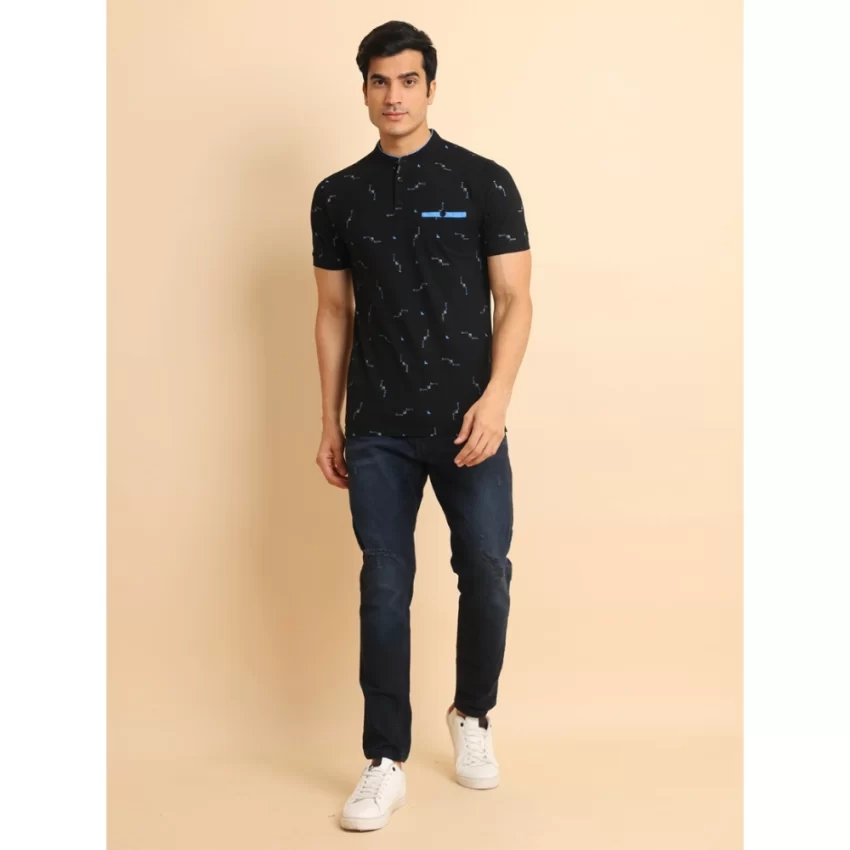 Generic Men's Casual Cotton Printed Mandarin Collar Half Sleeve T-Shirt (Navy) - Image 7