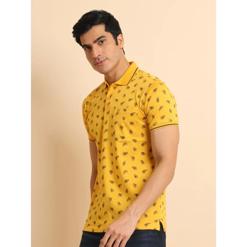 Generic Men's Casual Cotton Printed Polo Neck Half Sleeve T-Shirt (Mustard) - Image 4