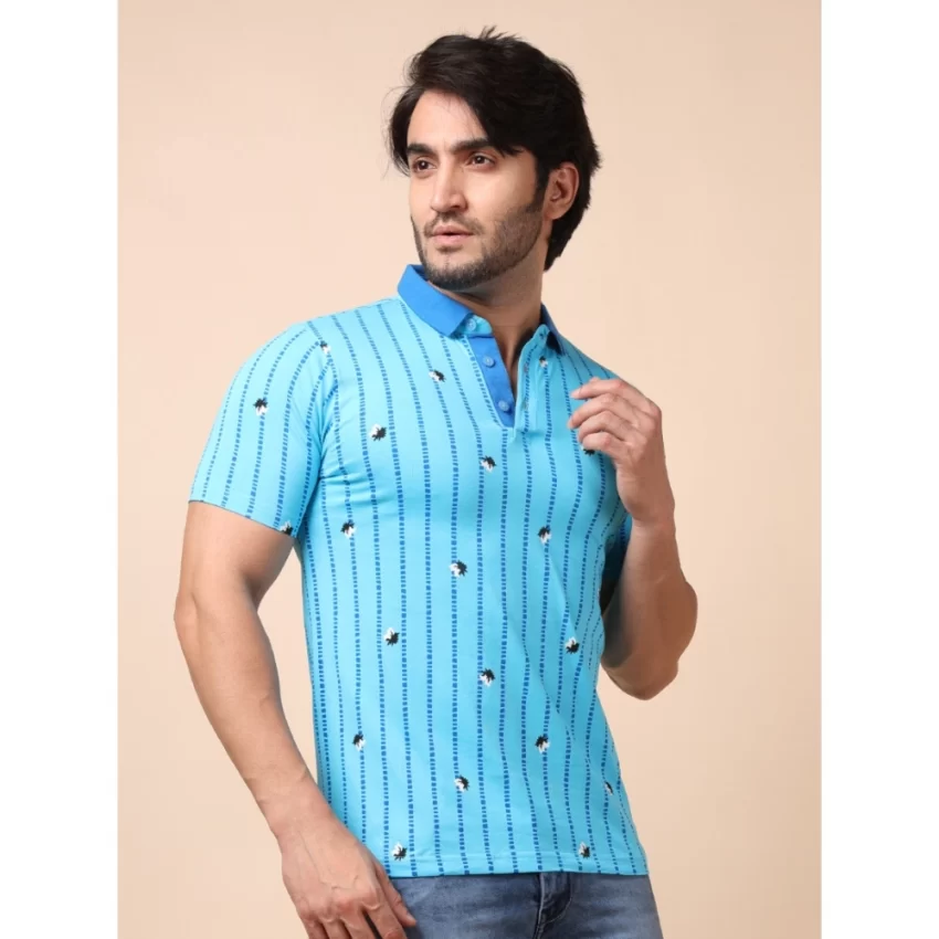 Generic Men's Casual Cotton Printed Polo Neck Half Sleeve T-Shirt (Skyblue) - Image 4