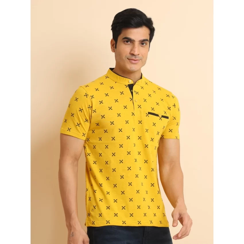 Generic Men's Casual Cotton Printed Mandarin Collar Half Sleeve T-Shirt (Mustard) - Image 3