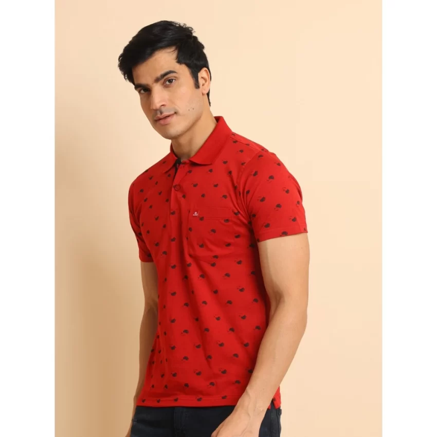 Generic Men's Casual Cotton Printed Polo Neck Half Sleeve T-Shirt (Red) - Image 4