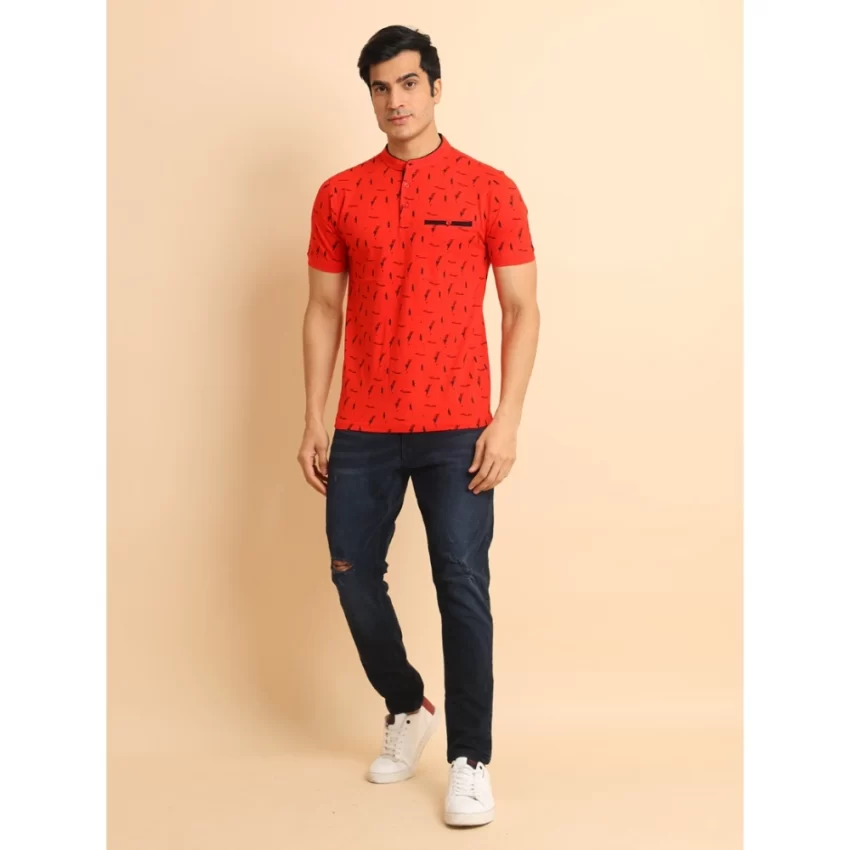 Generic Men's Casual Cotton Printed Mandarin Collar Half Sleeve T-Shirt (Red) - Image 7