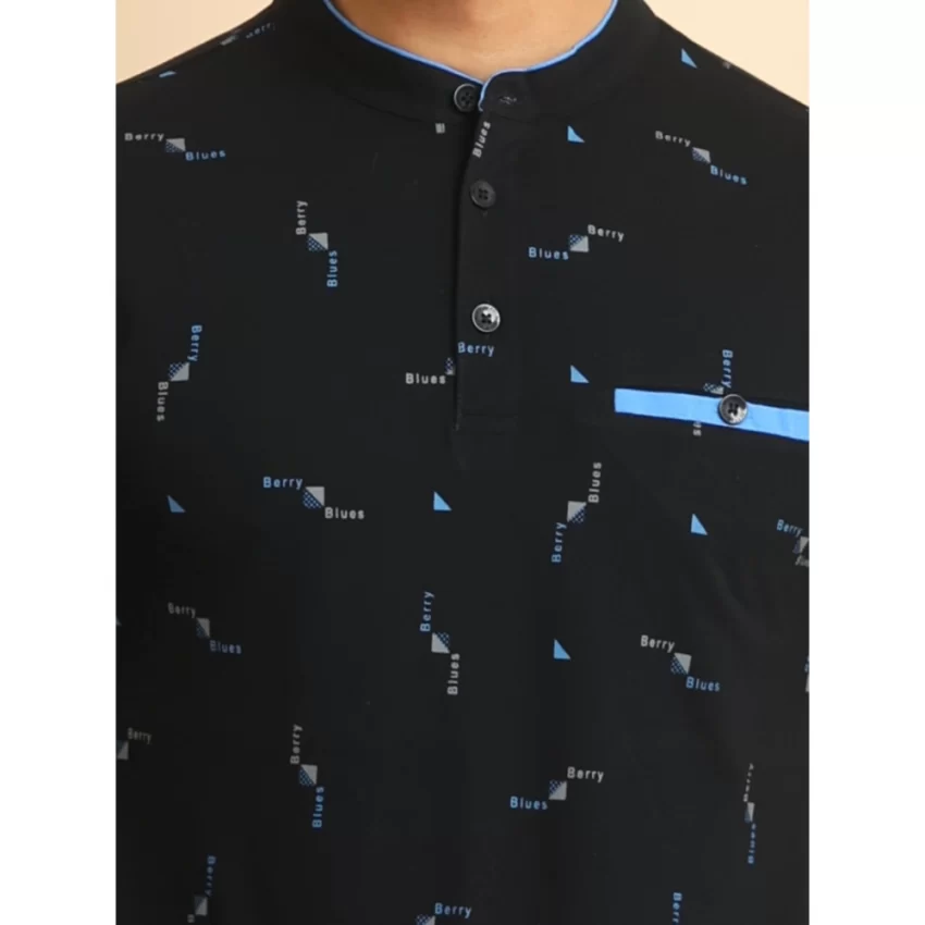 Generic Men's Casual Cotton Printed Mandarin Collar Half Sleeve T-Shirt (Navy) - Image 6