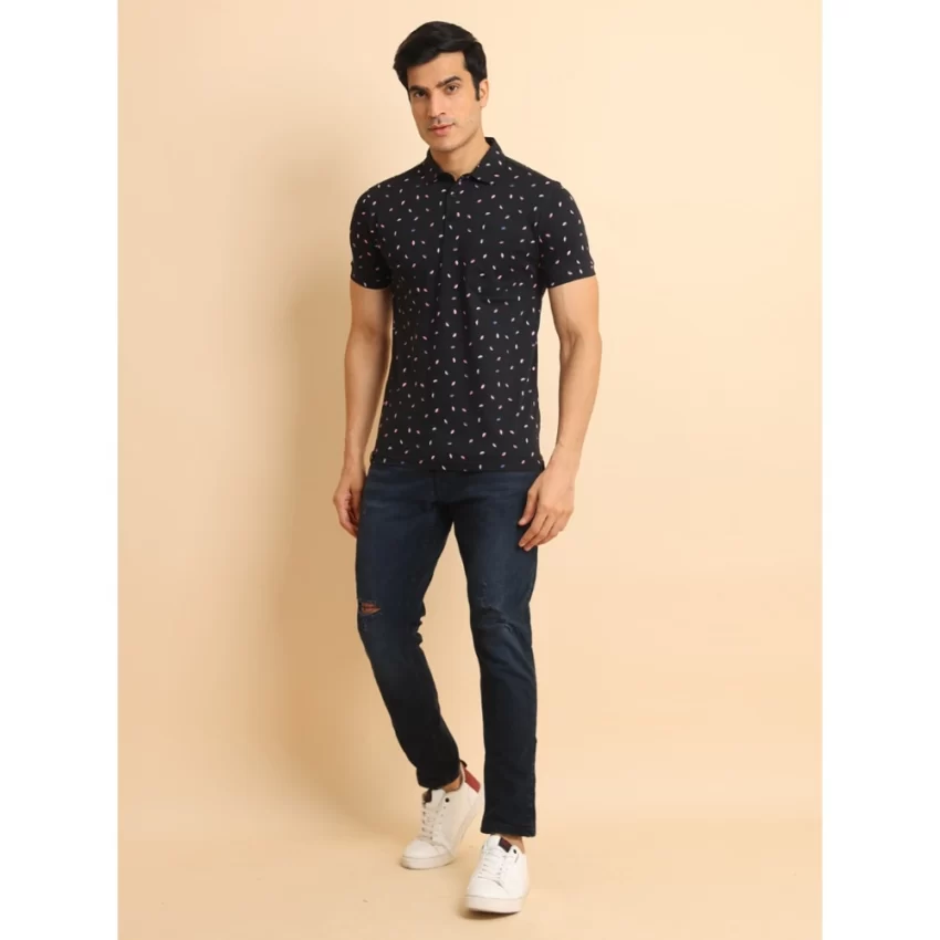 Generic Men's Casual Cotton Printed Polo Neck Half Sleeve T-Shirt (Black) - Image 7