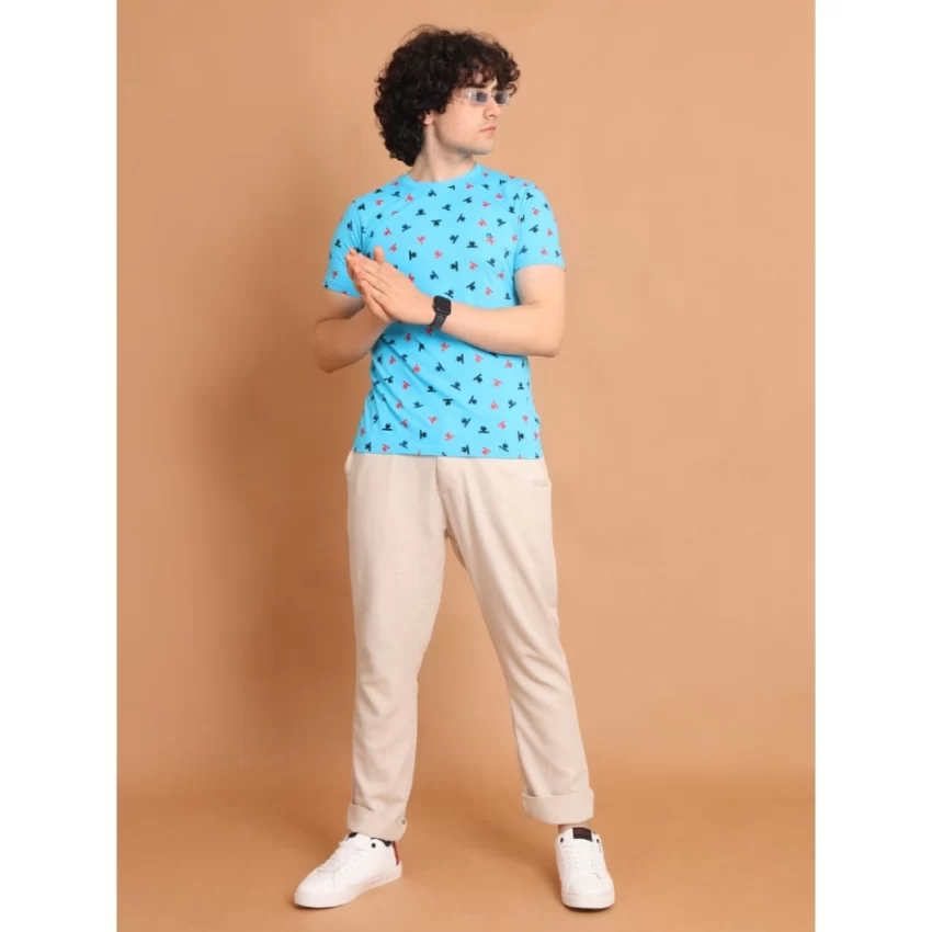 Generic Men's Casual Cotton Printed Round Neck Half Sleeve T-Shirt (Skyblue) - Image 7