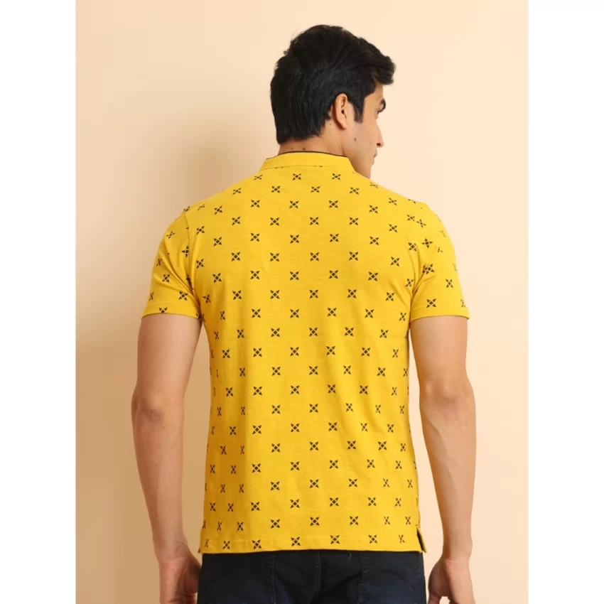Generic Men's Casual Cotton Printed Mandarin Collar Half Sleeve T-Shirt (Mustard) - Image 2