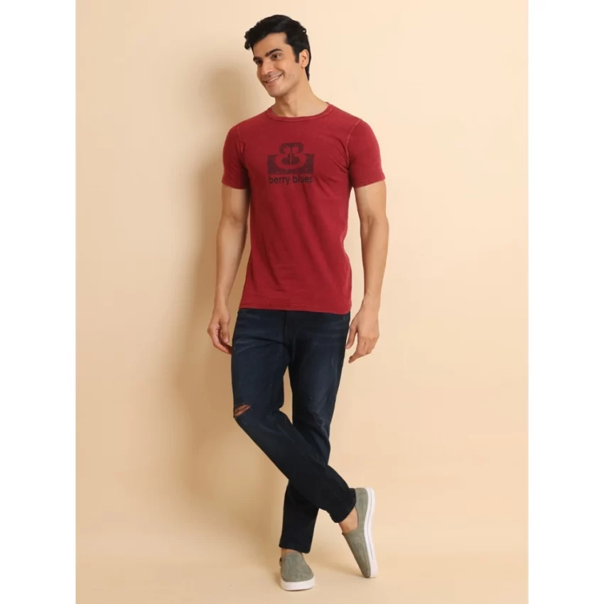 Generic Men's Casual Cotton Printed Round Neck Half Sleeve T-Shirt (Maroon) - Image 7