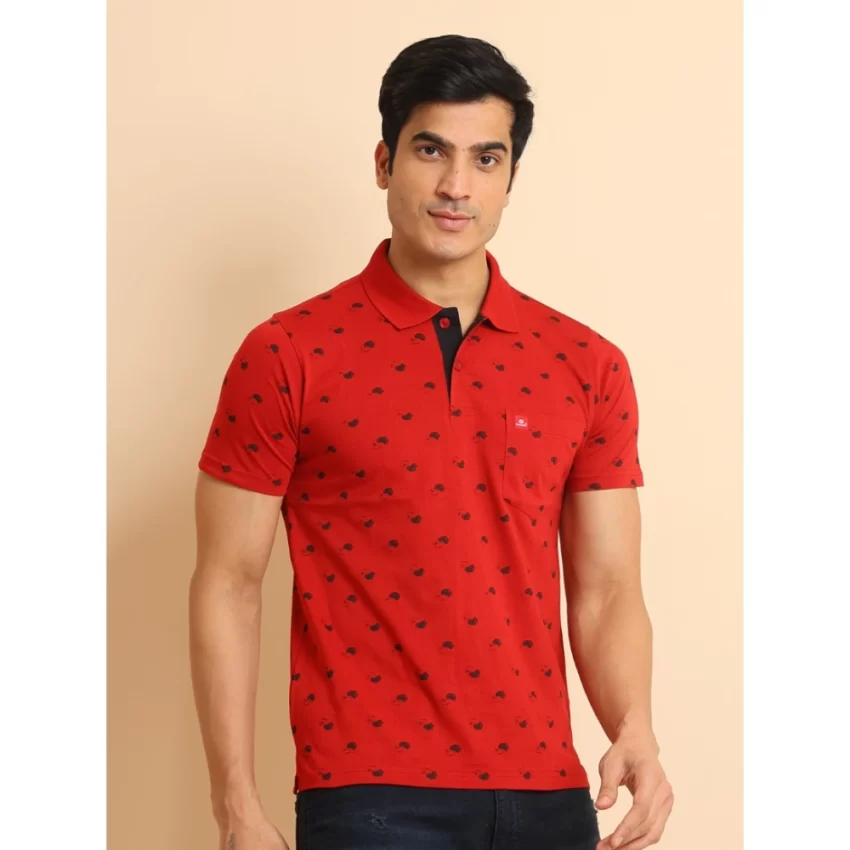 Generic Men's Casual Cotton Printed Polo Neck Half Sleeve T-Shirt (Red) - Image 3