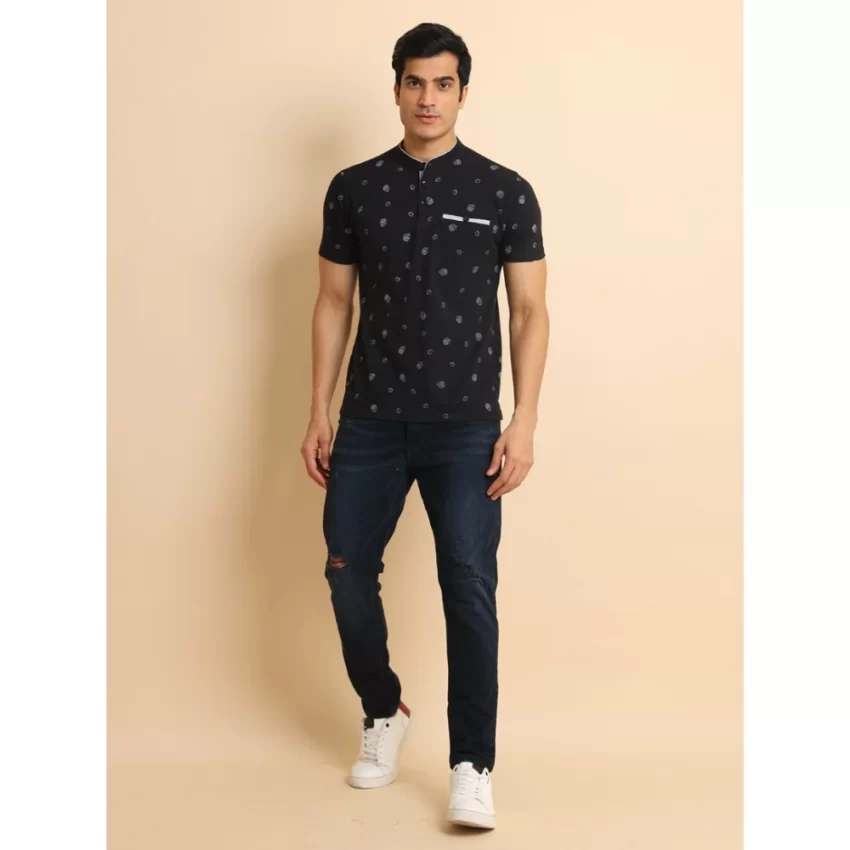 Generic Men's Casual Cotton Printed Mandarin Collar Half Sleeve T-Shirt (Black) - Image 7