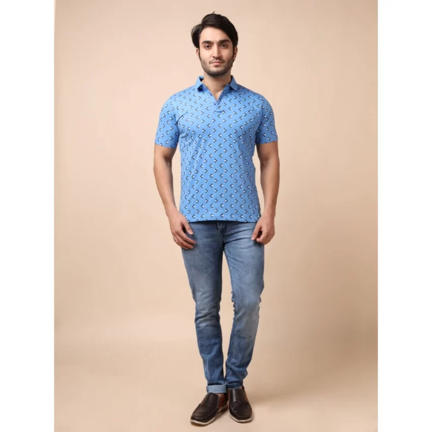 Generic Men's Casual Cotton Printed Polo Neck Half Sleeve T-Shirt (Blue) - Image 7