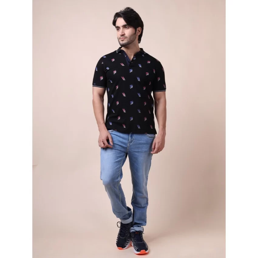 Generic Men's Casual Cotton Printed Polo Neck Half Sleeve T-Shirt (Black) - Image 7