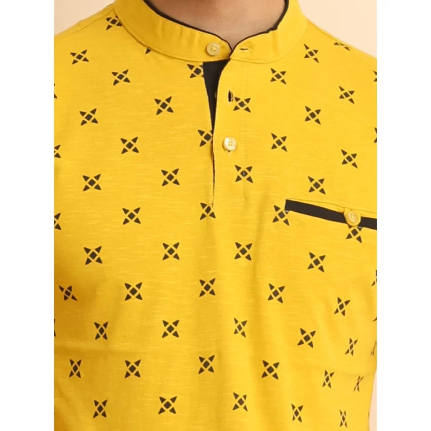 Generic Men's Casual Cotton Printed Mandarin Collar Half Sleeve T-Shirt (Mustard) - Image 6