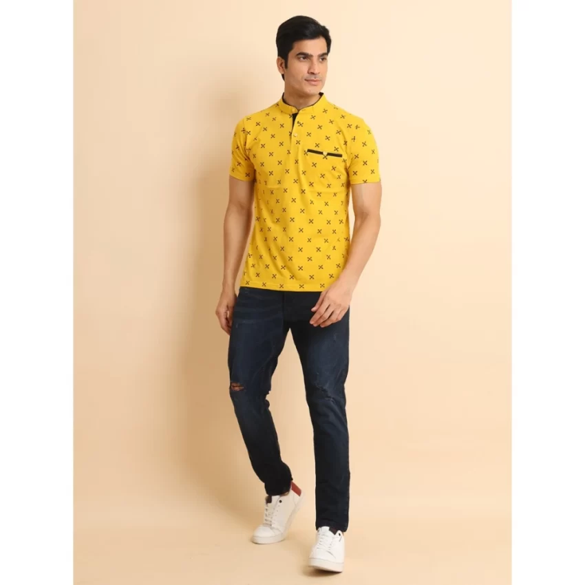 Generic Men's Casual Cotton Printed Mandarin Collar Half Sleeve T-Shirt (Mustard) - Image 7