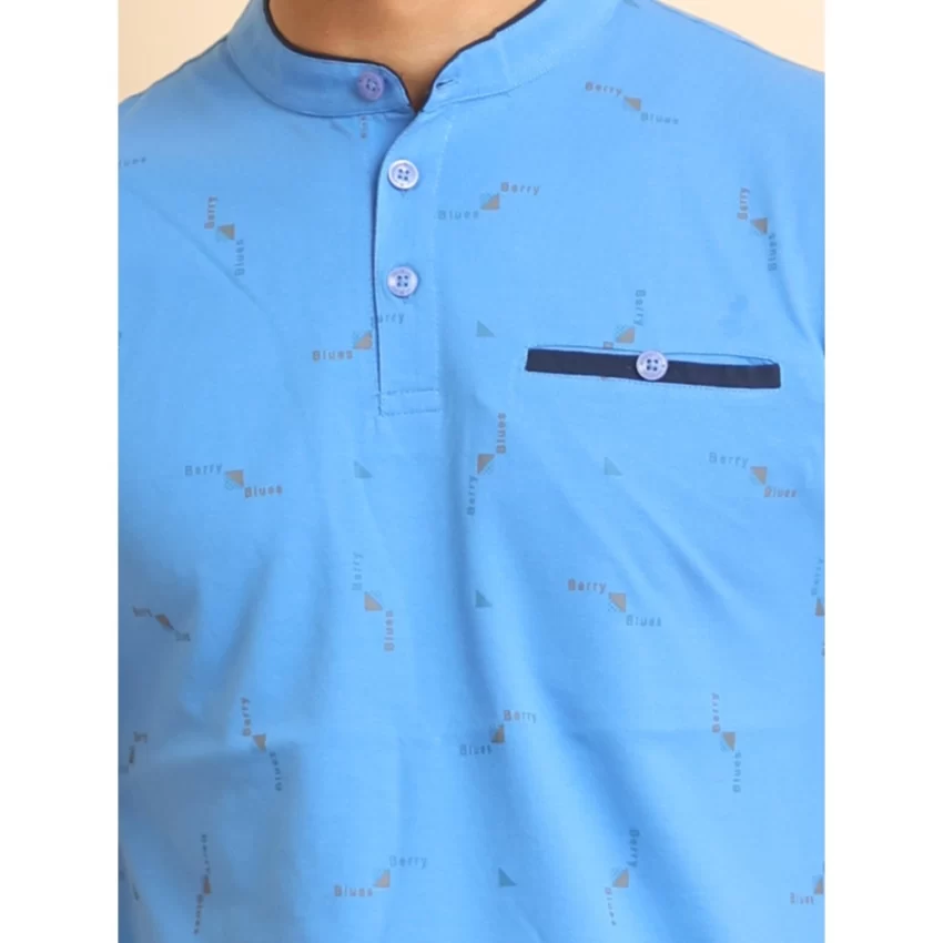 Generic Men's Casual Cotton Printed Mandarin Collar Half Sleeve T-Shirt (LightBlue) - Image 6