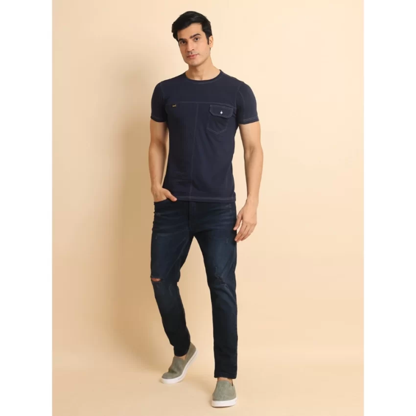 Generic Men's Casual Cotton Solid Round Neck Half Sleeve T-Shirt (Navy) - Image 7